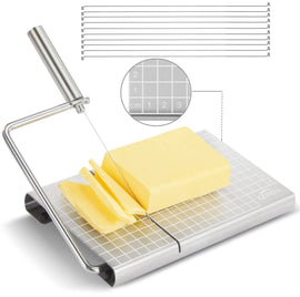 Stainless Steel Cheese Slicer with 10 Replacement Wires – Precision Grid Cutting Board, Ergonomic Handle, Easy to Clean – Ideal for Butter, Cake, Soft Cheese (Silver) - RnR Galore