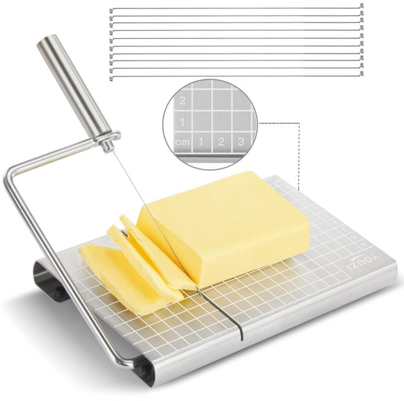 Stainless Steel Cheese Slicer with 10 Replacement Wires – Precision Grid Cutting Board, Ergonomic Handle, Easy to Clean – Ideal for Butter, Cake, Soft Cheese (Silver) - RnR Galore