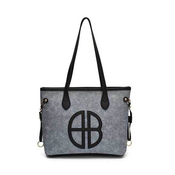 Stylish Large Capacity Tote Bag with PU Leather Trim & Logo Detail(Blue with black) - RnR Galore