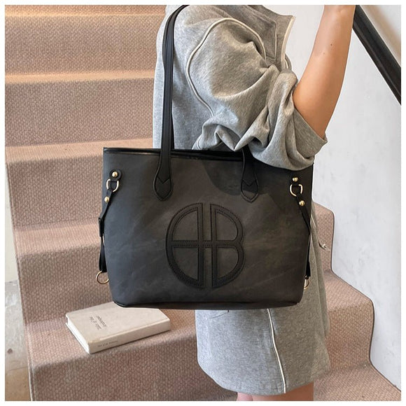 Stylish Large Capacity Tote Bag with PU Leather Trim & Logo Detail(Blue with Silver) - RnR Galore