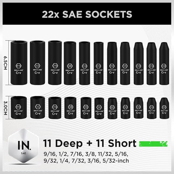 SWANLAKE 1/4" Drive Impact Socket Set, 56 - Piece Standard SAE (5/32 to 9/16 inch) and Metric (4 - 15mm) Size, 6 Point, Cr - V, 1/4 - Inch Drive Ratchet Handle, Drive Extension Bar, Impact Universal Joint - RnR Galore