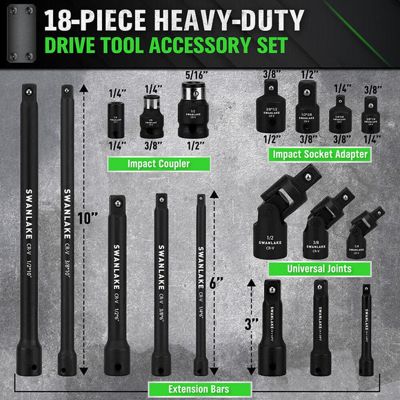 SWANLAKE 18Pcs Drive Tool Accessory Set Extension Bars Impact Universal Joint - RnR Galore