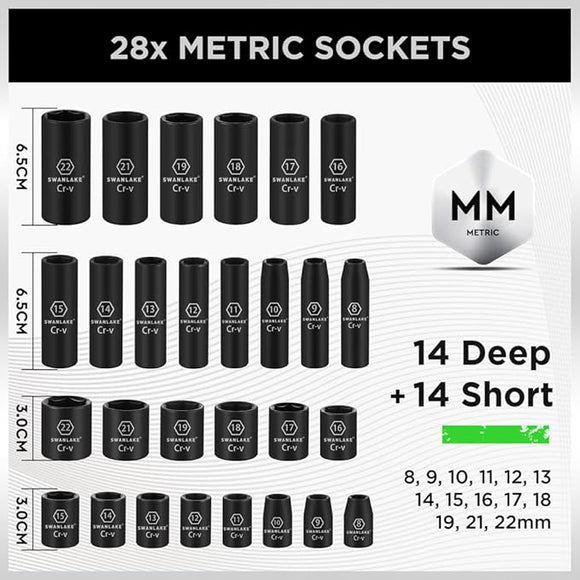 SWANLAKE 3/8" Drive Impact Socket Set, 50 - Piece Standard SAE (5/16 to 3/4 inch) and Metric (8 - 22mm) Size, 6 Point, Cr - V, 3/8 - Inch Ratchet Handle, Extension Bar, Universal Joint - RnR Galore