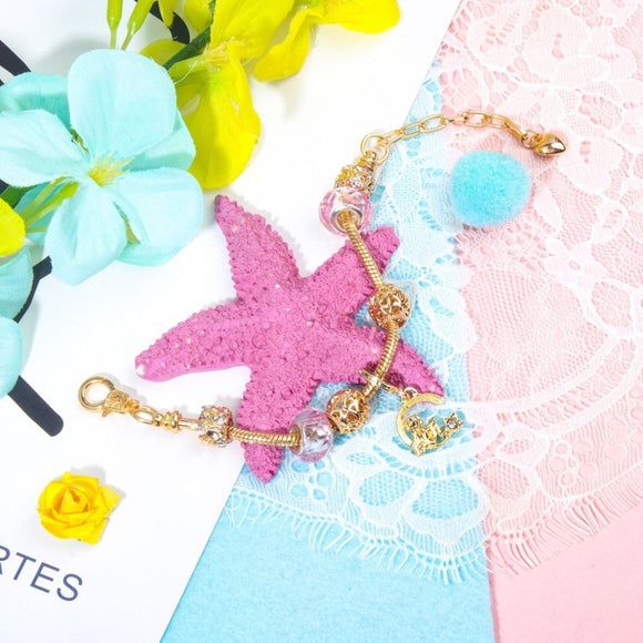 Sweet Style Crystal Rhinestone Gold Star Moon Pendant Cute Pink Bead Bracelet(17cm) - RnR Galore