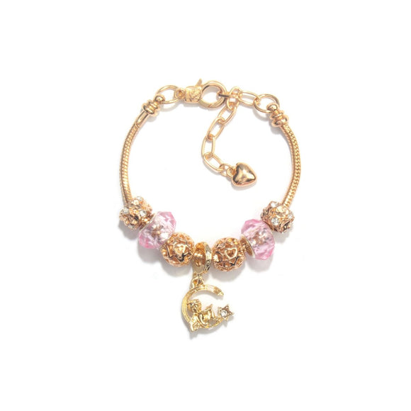 Sweet Style Crystal Rhinestone Gold Star Moon Pendant Cute Pink Bead Bracelet(17cm) - RnR Galore