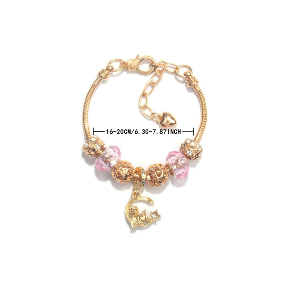 Sweet Style Crystal Rhinestone Gold Star Moon Pendant Cute Pink Bead Bracelet(19cm) - RnR Galore