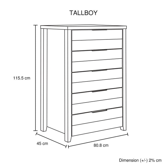 Tallboy with 5 Storage Drawers Natural Wood like MDF in Oak Colour - RnR Galore
