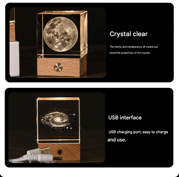 The Moon Luminous 3D Crystal Cube Night Light - Laser Engraved Artwork with Solid Wood Base - RnR Galore