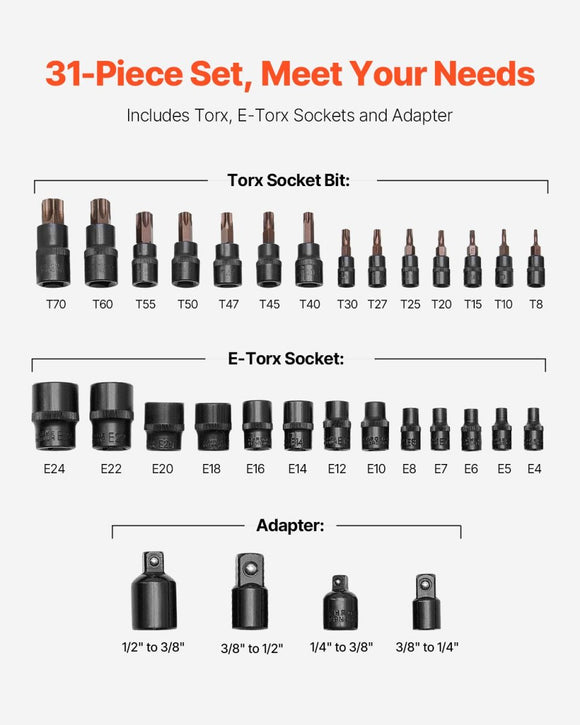 Torx Bit Socket and External Torx Socket Set 31 - Piece T8 - T70 and E4 - E24 Steel - RnR Galore