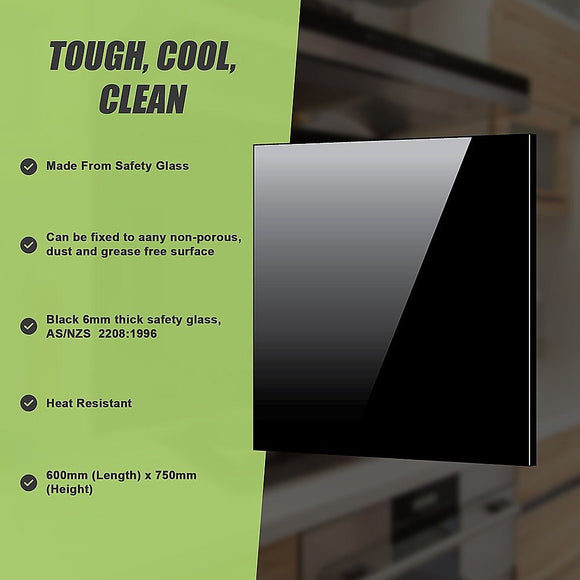Toughened 60cm x 75cm Black Glass Kitchen Splashback - RnR Galore