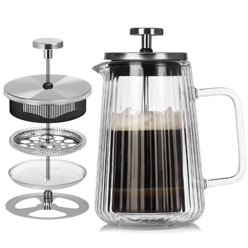 Transparent Elegant Ribbed Double Wall Glass French Press - 1000ml Heat Resistant Coffee and Tea Maker with Stainless Steel Filter - RnR Galore