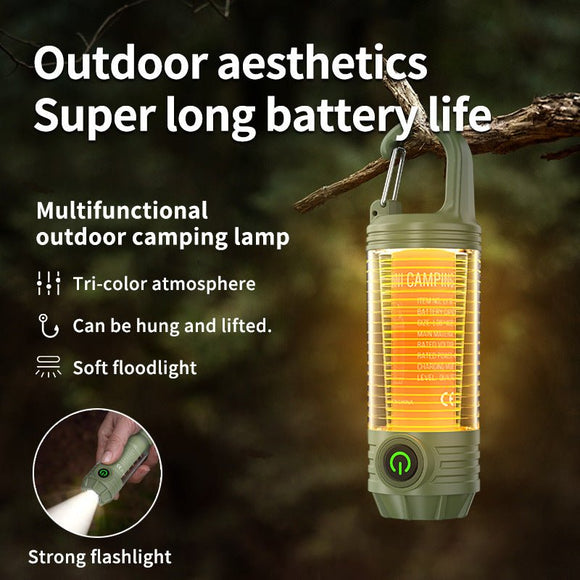 Tri - Color Portable Camping Lantern & Flashlight - Rechargeable, 360°Ambient Light & Hook Design(Khaki) - RnR Galore