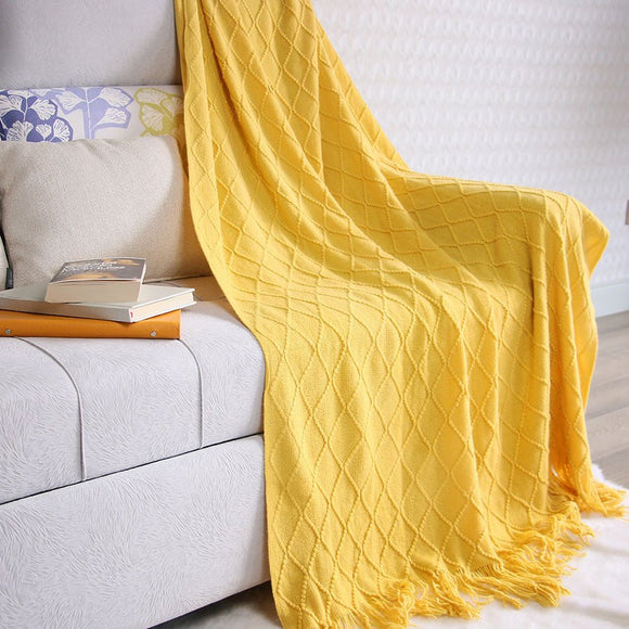 Turmeric Nordic Knitted Throw Blanket with Tassels 130x230cm Soft Acrylic Diamond Pattern Sofa Cover Bed Runner and Travel Blanket - RnR Galore