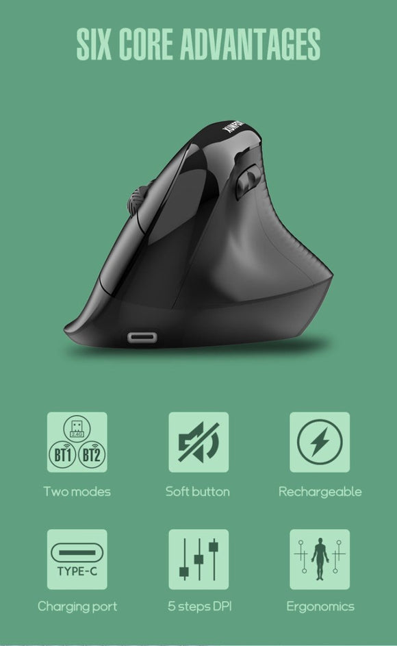 Two Ergonomic Vertical Wireless Mouse - Dual Mode (2.4G & Bluetooth), 5 Adjustable DPI, Silent Clicks, Rechargeable(black) - RnR Galore