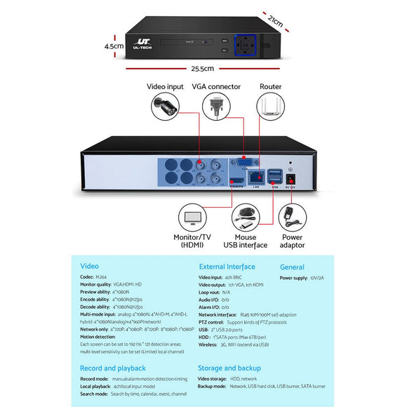 UL - tech CCTV Security System 4CH DVR 4 Cameras 1TB Hard Drive - RnR Galore