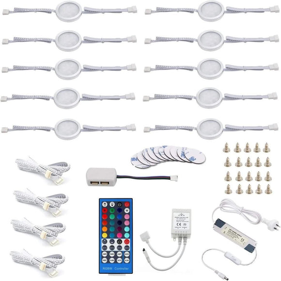 Under Counter LED Light Kit, RGBW Under Cabinet Lighting, 10 Packs Colored Cabinet Lights with Wireless 40 - Key IR Dimmable Remote Control (10 Lights) - RnR Galore