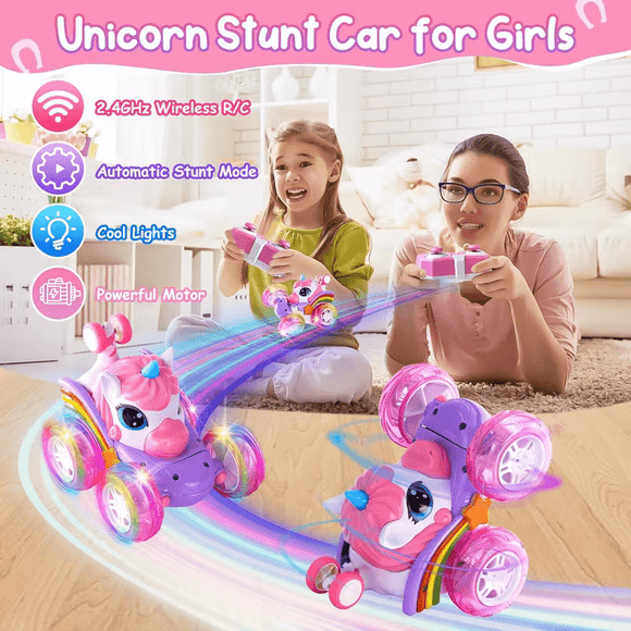 Unicorn remote control car for girls, 360° rotating four - wheel drive stunt remote control car with cute lights, rechargeable toy - children's birthday gift - RnR Galore