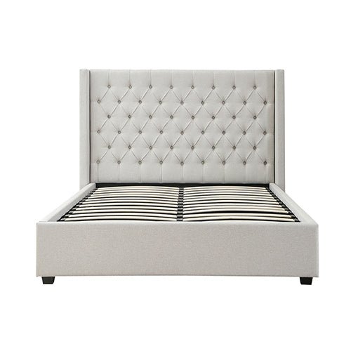 Veronica Bed Frame King Size Winged Grey Linen Fabric Seam Grid Pattern with gas lift plywood metal structure - RnR Galore