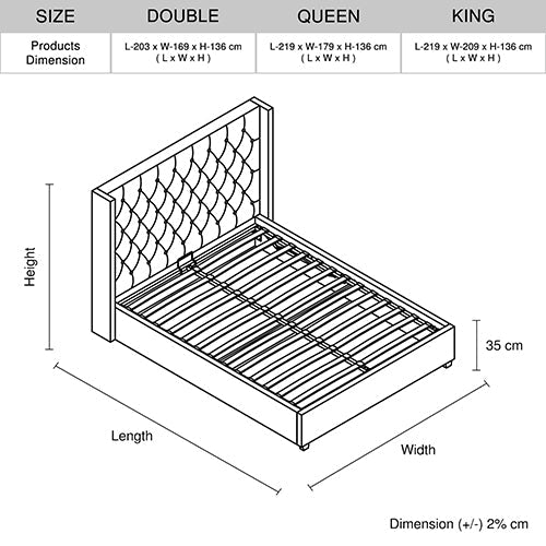 Veronica Bed Frame King Size Winged Grey Linen Fabric Seam Grid Pattern with gas lift plywood metal structure - RnR Galore