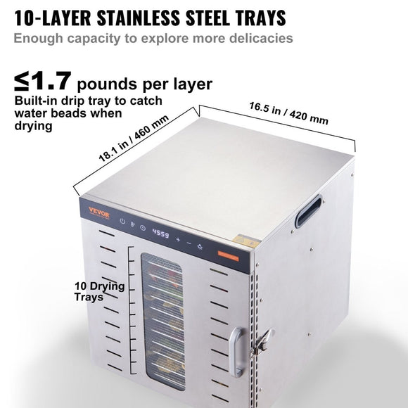 VEVOR 10 Trays Food Dehydrator Machine Stainless Steel 1000W Jerky Fruit Drying - RnR Galore