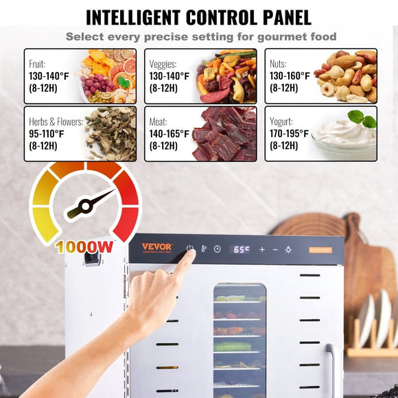 VEVOR 10 Trays Food Dehydrator Machine Stainless Steel 1000W Jerky Fruit Drying - RnR Galore