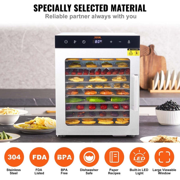 VEVOR 10 Trays Food Dehydrator Machine Stainless Steel 800W Jerky Fruit Drying - RnR Galore