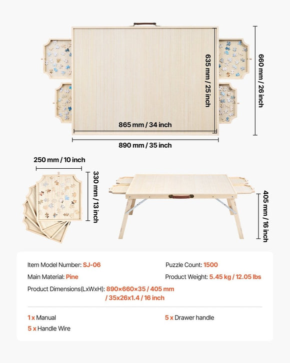 VEVOR 1500 Piece Puzzle Board with Folding Leg Portable Wooden Jigsaw 86x63cm - RnR Galore