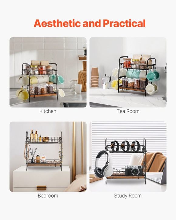VEVOR 2 Tier Coffee Bar Organizer for Countertop w/ 12 Movable Hooks Mug Holder - RnR Galore
