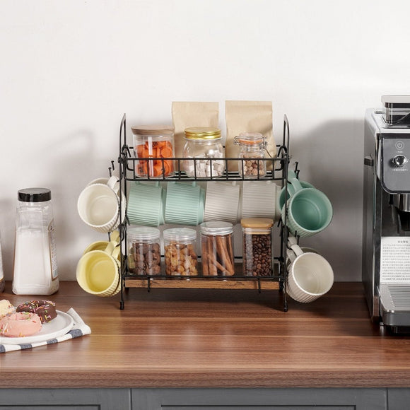 VEVOR 2 Tier Coffee Bar Organizer for Countertop w/ 12 Movable Hooks Mug Holder - RnR Galore
