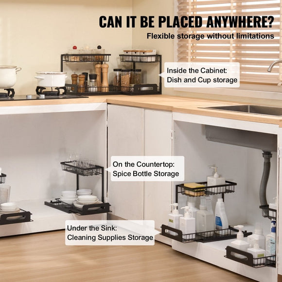 VEVOR 2 - Tier Wire Pull Out Cabinet Under Sink Basket Organizer 10.7"x14.2" 2PCS - RnR Galore