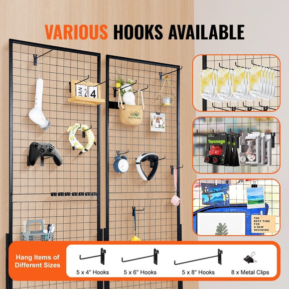 VEVOR 2' x 5.6' Grid Wall Panels Tower, 2 Packs Wire Gridwall Display Racks with T - Base Floorstanding, Double Side Gridwall Panels for Art Craft Shows, Retail Display with Extra Clips and Hooks - RnR Galore