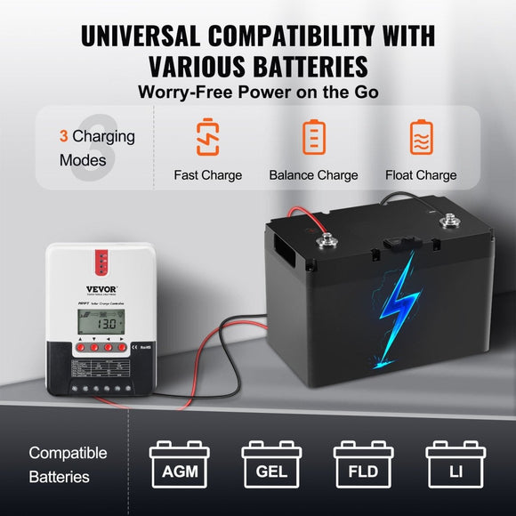 VEVOR 20A MPPT Solar Charge Controller with LCD Display - for Sealed, Gel, Flooded, Lithium Battery - RnR Galore