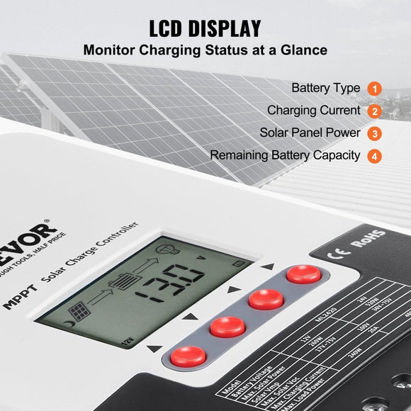 VEVOR 20A MPPT Solar Charge Controller with LCD Display - for Sealed, Gel, Flooded, Lithium Battery - RnR Galore