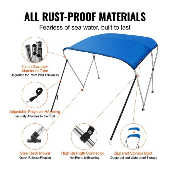 VEVOR 3 Bow Bimini Top Boat Cover, 900D Polyester Canopy with 1" Aluminum Alloy Frame, Waterproof and Sun Shade, Includes Storage Boot, 2 Support Poles, 4 Straps, 6'L x 46"H x 61" - 66"W, Pacific Blue - RnR Galore
