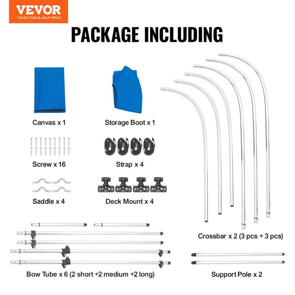 VEVOR 3 Bow Bimini Top Boat Cover, 900D Polyester Canopy with 1" Aluminum Alloy Frame, Waterproof and Sun Shade, Includes Storage Boot, 2 Support Poles, 4 Straps, 6'L x 46"H x 61" - 66"W, Pacific Blue - RnR Galore