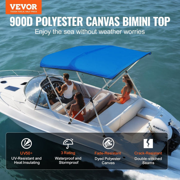 VEVOR 3 Bow Bimini Top Boat Cover, 900D Polyester Canopy with 1" Aluminum Alloy Frame, Waterproof and Sun Shade, Includes Storage Boot, 2 Support Poles, 4 Straps, 6'L x 46"H x 61" - 66"W, Pacific Blue - RnR Galore