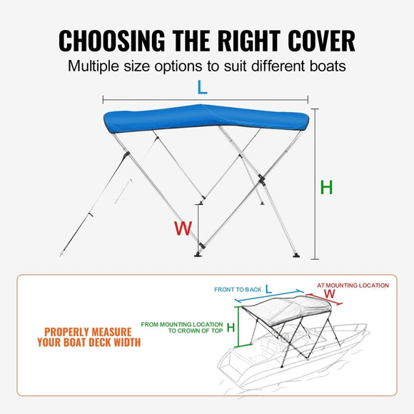 VEVOR 3 Bow Bimini Top Boat Cover, 900D Polyester Canopy with 1" Aluminum Alloy Frame, Waterproof and Sun Shade, Includes Storage Boot, 2 Support Poles, 4 Straps, 6'L x 46"H x 61" - 66"W, Pacific Blue - RnR Galore