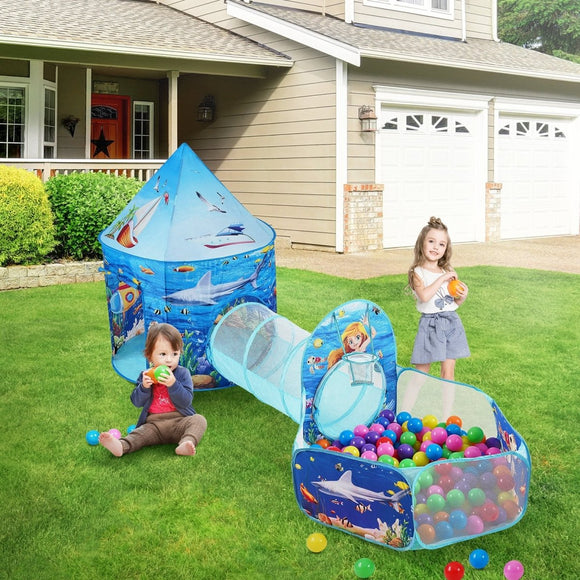 VEVOR 3 in 1 Kids Play Tent with Tunnel, Basketball Hoop for Boys, Girls, Babies and Toddlers, Indoor/Outdoor Pop Up Playhouse with Carrying Bag & Banding Straps Birthday Gifts, Blue Ocean - RnR Galore