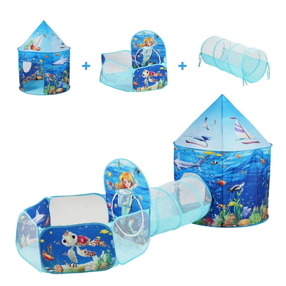 VEVOR 3 in 1 Kids Play Tent with Tunnel, Basketball Hoop for Boys, Girls, Babies and Toddlers, Indoor/Outdoor Pop Up Playhouse with Carrying Bag & Banding Straps Birthday Gifts, Blue Ocean - RnR Galore