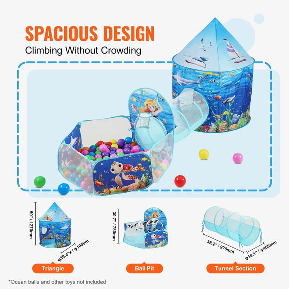 VEVOR 3 in 1 Kids Play Tent with Tunnel, Basketball Hoop for Boys, Girls, Babies and Toddlers, Indoor/Outdoor Pop Up Playhouse with Carrying Bag & Banding Straps Birthday Gifts, Blue Ocean - RnR Galore