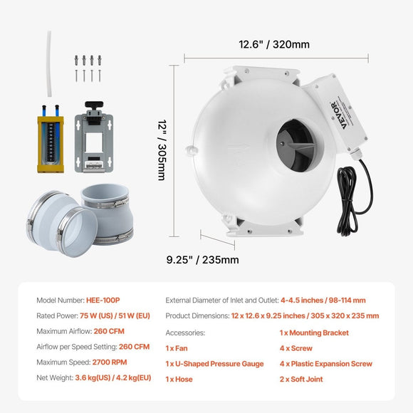 VEVOR 4" to 4.5" Radon Mitigation Fan System Kit Quiet 260 CFM Inline Duct Fan - RnR Galore