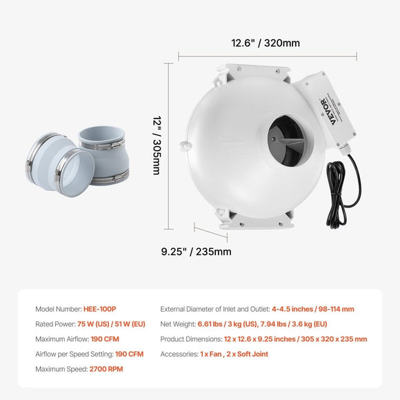 VEVOR 4" to 4.5" Radon Mitigation Fan System Quiet 190CFM Inline Duct Waterproof - RnR Galore
