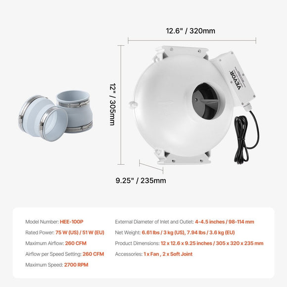 VEVOR 4" to 4.5" Radon Mitigation Fan System Quiet 260CFM Inline Duct Waterproof - RnR Galore
