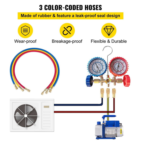 Vevor 4CFM 1/4HP Rotary Vane Vacuum Pump + R134AManifold Gauge Tester Charging +Hose - RnR Galore