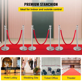 VEVOR 6PCS Red Rope Stanchion Silver Post Crowd Control Queue Line Barrier - RnR Galore