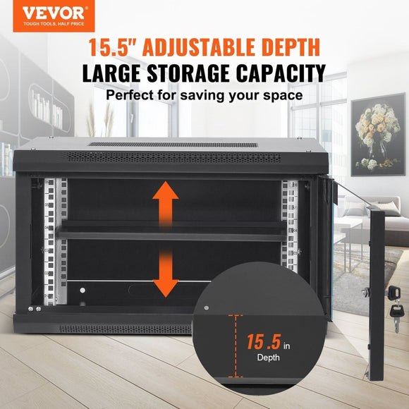 VEVOR 6U Wall Mount Network Server Cabinet, 15.5'' Deep, Server Rack Cabinet Enclosure, 200 lbs Max. Ground - mounted Load Capacity, with Locking Glass Door Side Panels, for IT Equipment, A/V Devices - RnR Galore