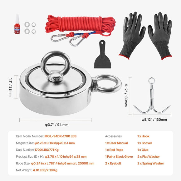 VEVOR 771 Kg Strong Fishing Magnet Kit Double Sided Pull Force Rope Carabiner - RnR Galore