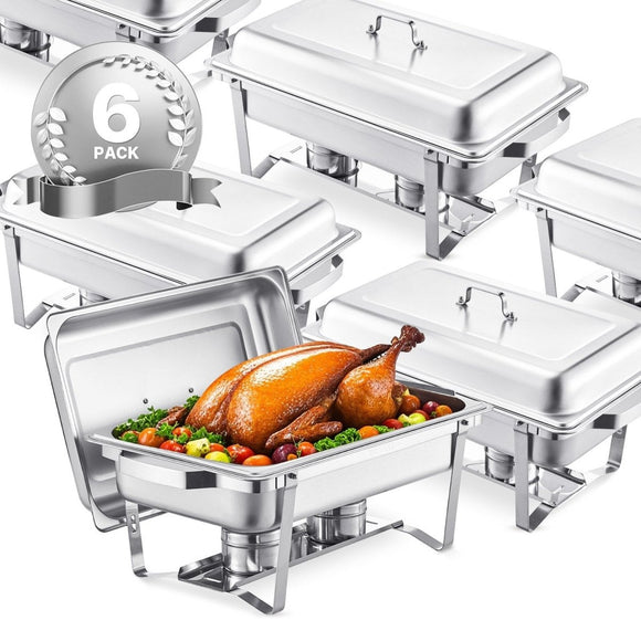 VEVOR 8 Qt 6 Pack Rectangle Chafing Dish Buffet Set Fullsize Pan Stainless Steel - RnR Galore