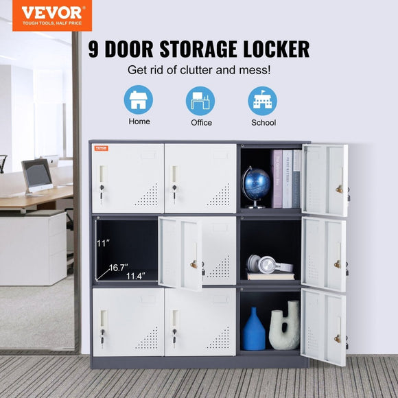 VEVOR 9 Doors Metal Storage Cabinet Employees Steel Storage Cabinet Office Gray - RnR Galore