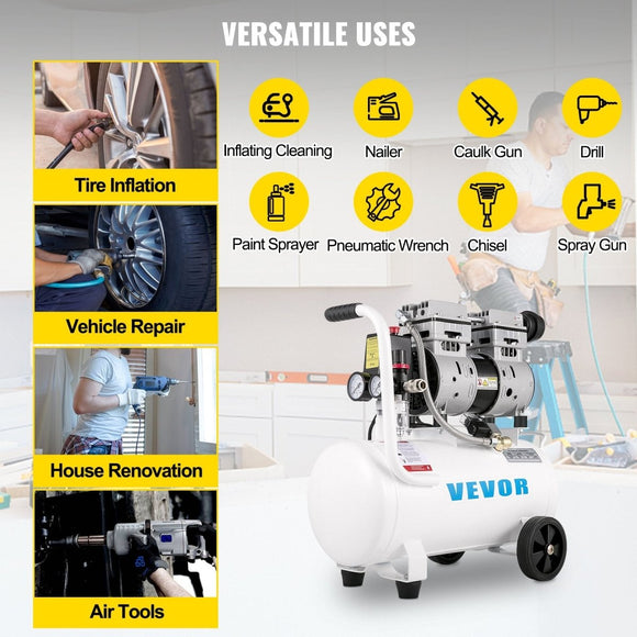 VEVOR Air Compressor 6.6 Gallon, Portable Air Compressor 1 HP, Oil Free Air Compressor Steel Tank 750W, Pancake Air Compressor 115 PSI, Ultra Quiet Compressor for Home Repair, Tire Inflation - RnR Galore